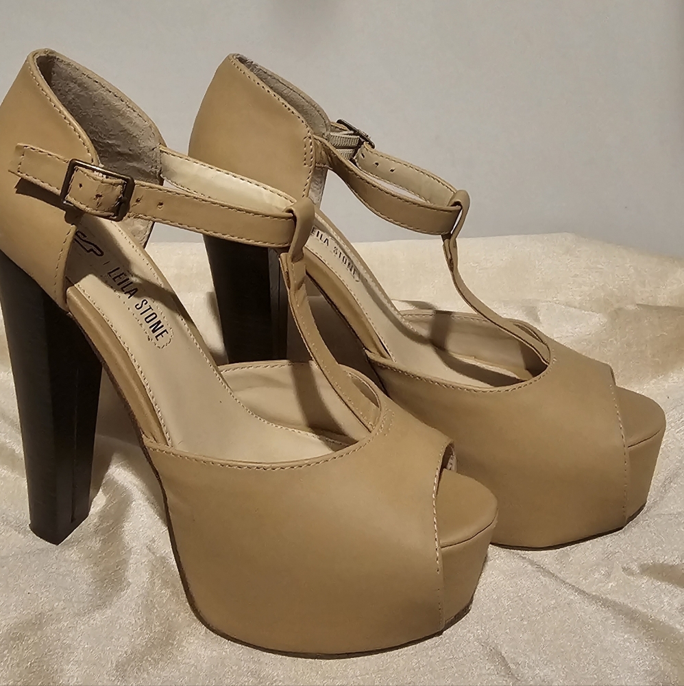 Tan T-Strap Platform High Heels